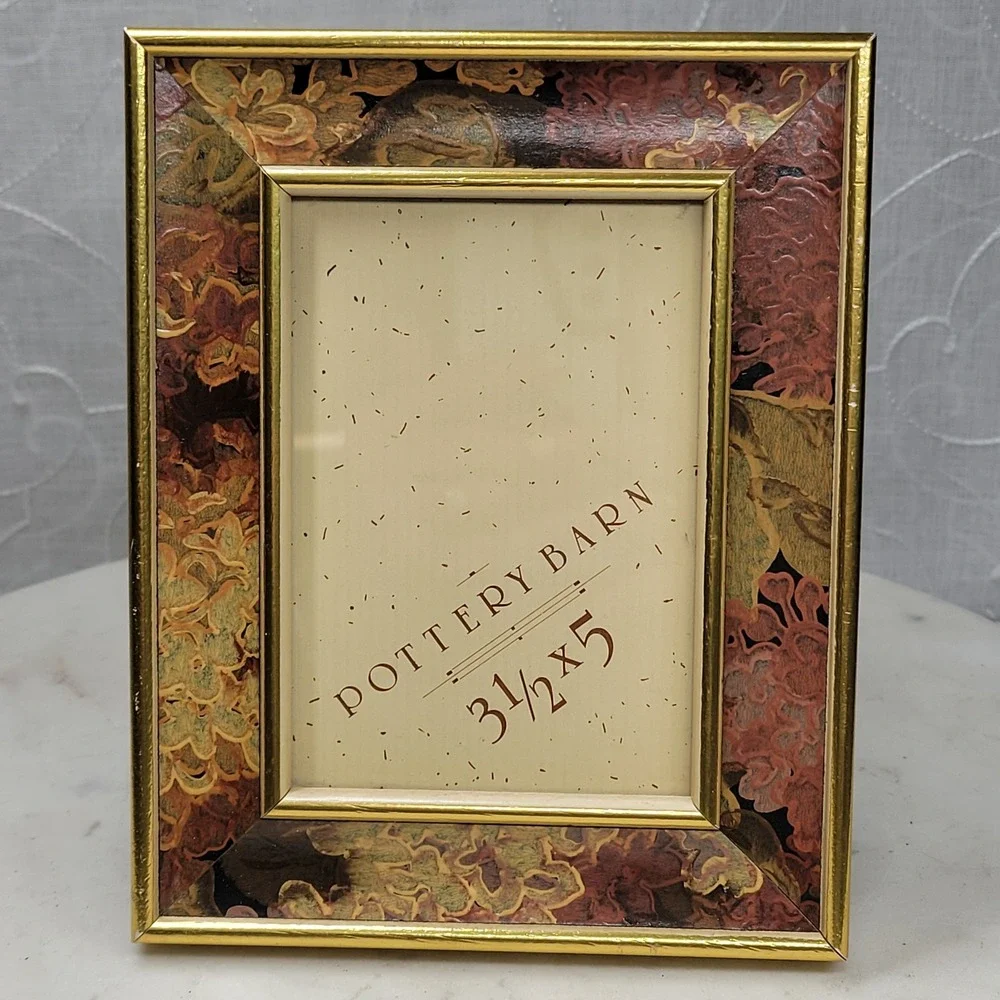 VTG Pottery Barn Picture Frame 3.5x5 Gold Trim Floral Decoupage Trim Tabletop